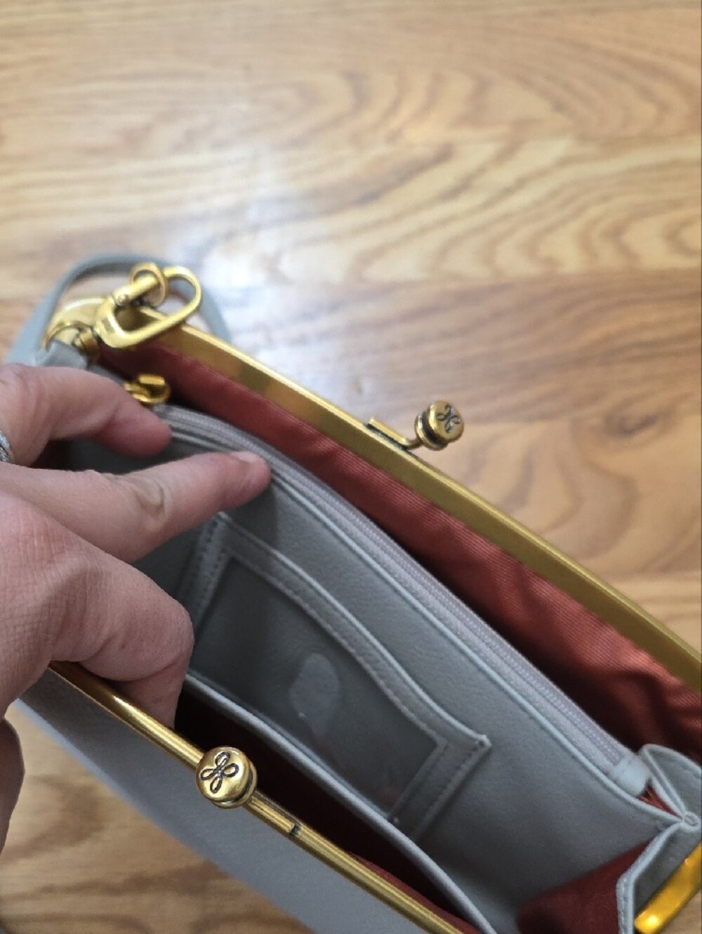 Classic Leather Crossbody Bag in Light Gray with Gold Trim - Picture 5 of 5